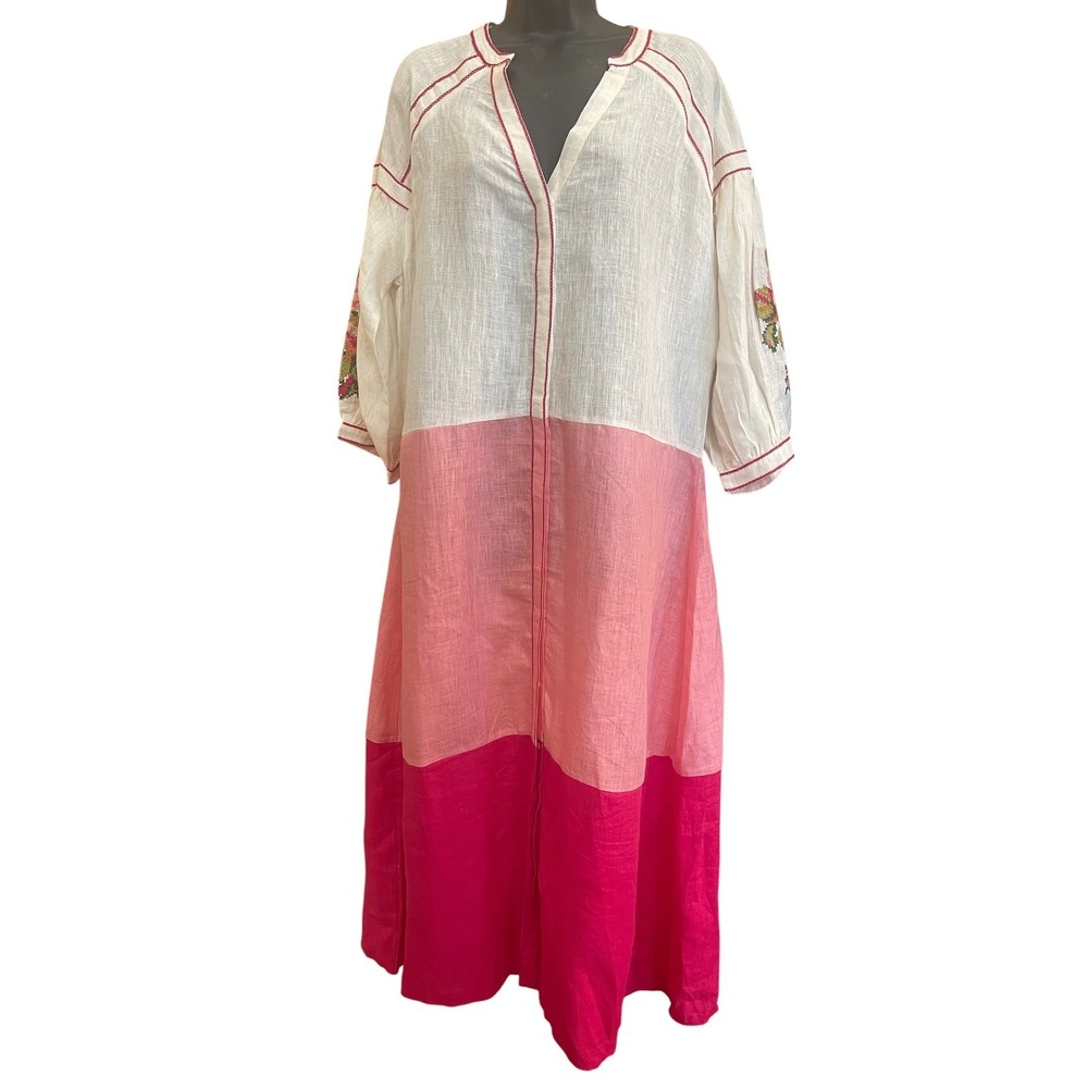 De Castro Maxi Dress Pink White Floral Embroidered Linen Lg Boho Cottagecore - Picture 2 of 10